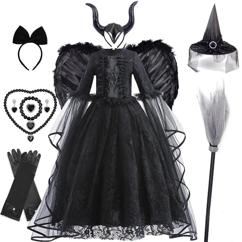 Halloween Witch Dress For Girls Black Evil Queen Cosplay Costume Luxury Lace Ruffles Floor Length Outfits Kids Carnival Frocks
