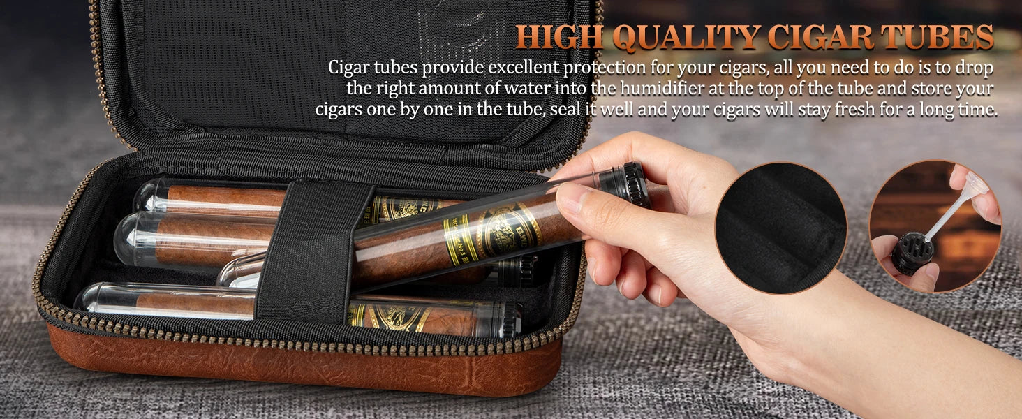 Leather Travel Cigar Humidor with 4 Cigar Tube and Cigar Cutter,Cigar Accessories Gift Set for Men,Lighter not included