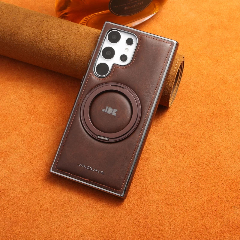 For Magsafe  360°Rotating Metal Car Bracket Ring Solid Color Leather Phone Case For Samsung S24 Ultra S22 S23 Ultra Plus