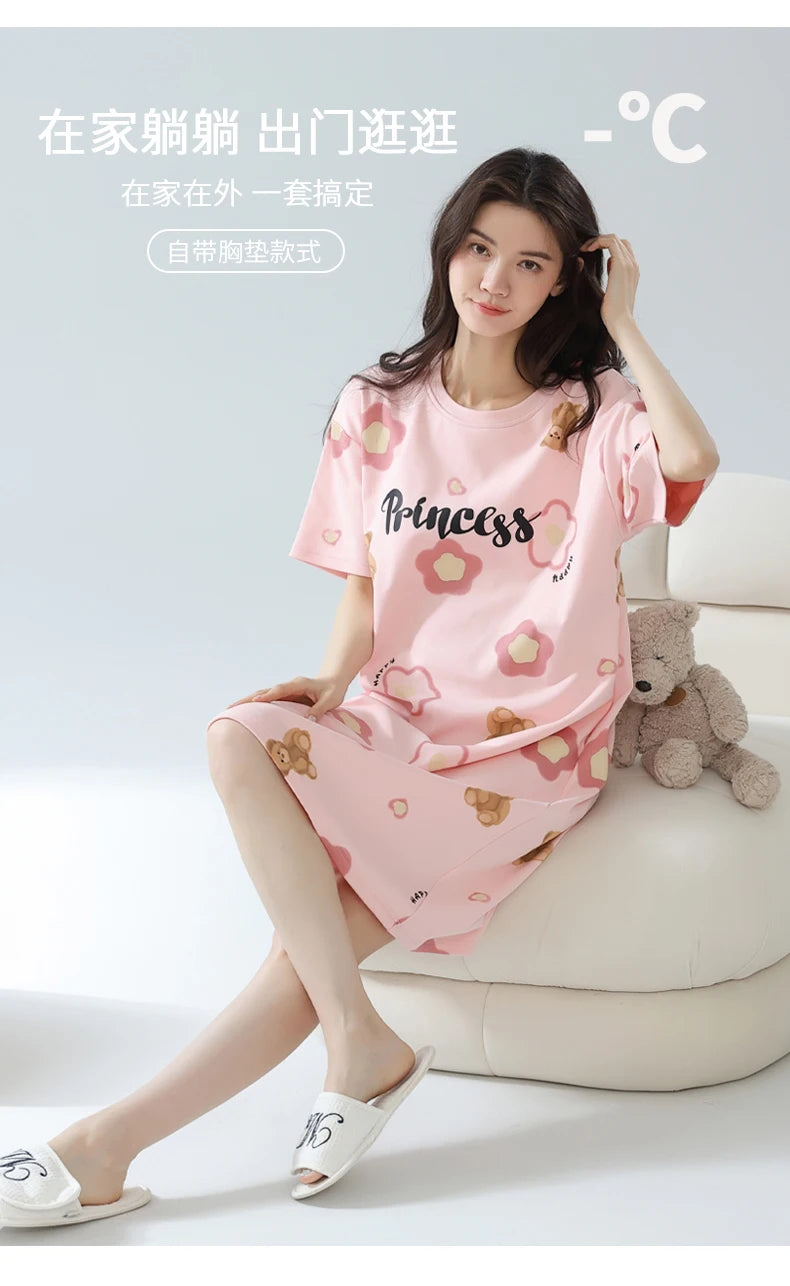 Women’s Cotton Nightgown – Korean Style Cute Print, Summer Short Sleeve Sleepwear Dress