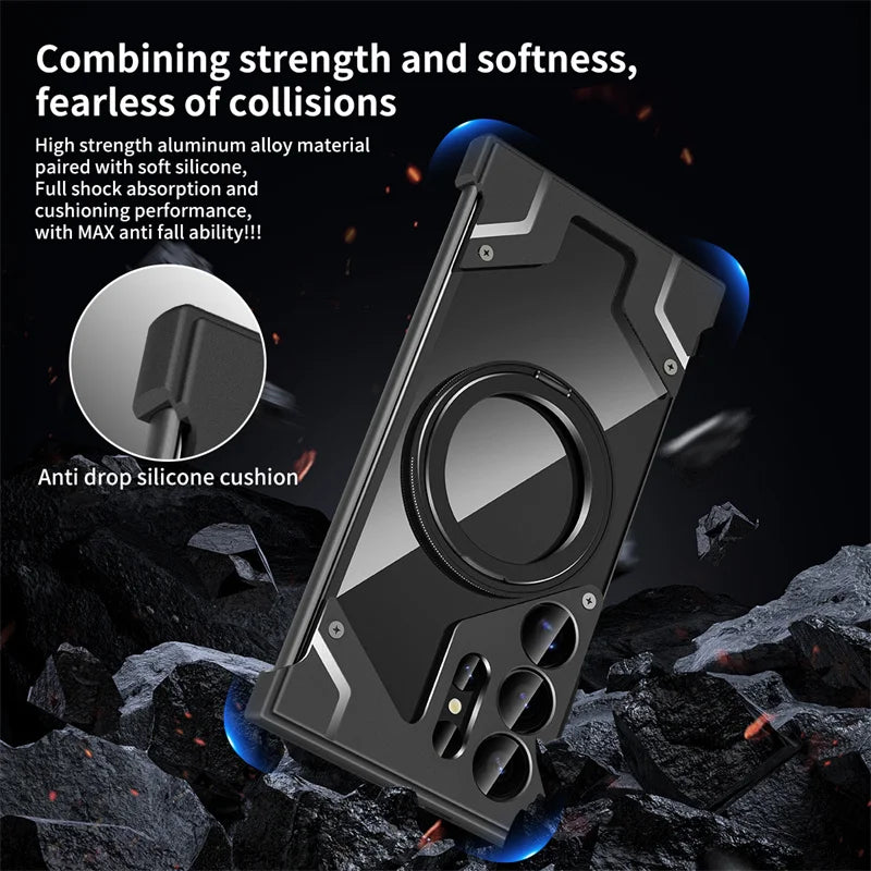 Luxury Metal 360 ° frameless Phone Case For Samsung S 24 23 Ultra Transparent Rotating Bracket Anti Drop Airbag Phone Case