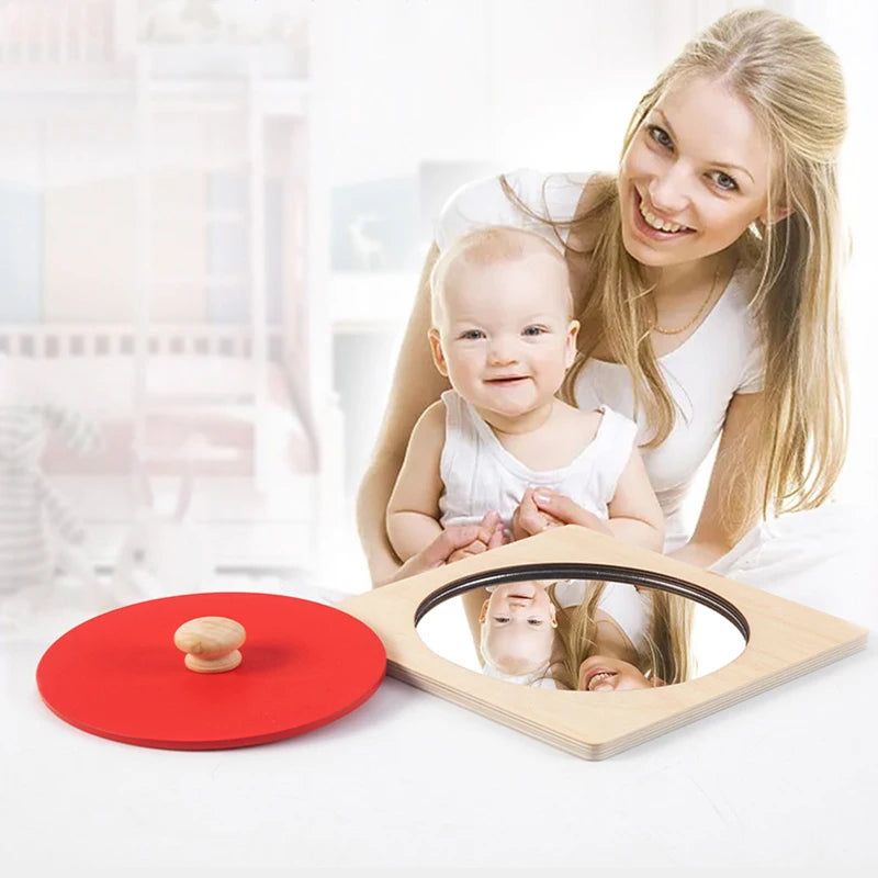 Montessori Mirror Puzzle Baby Busy Board Wooden Toys Mirror Peekaboo Knob Puzzle Shape Matching Game Toddlers Hand Grab Board