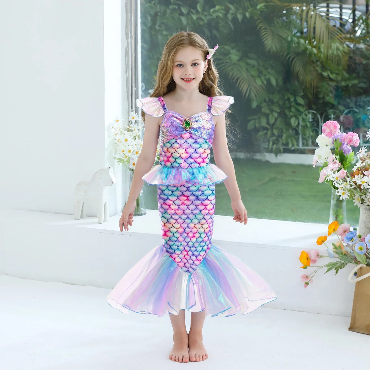 Ariel Mermaid Dress Gown Fashionable Princess Roleplay Costume for Girls