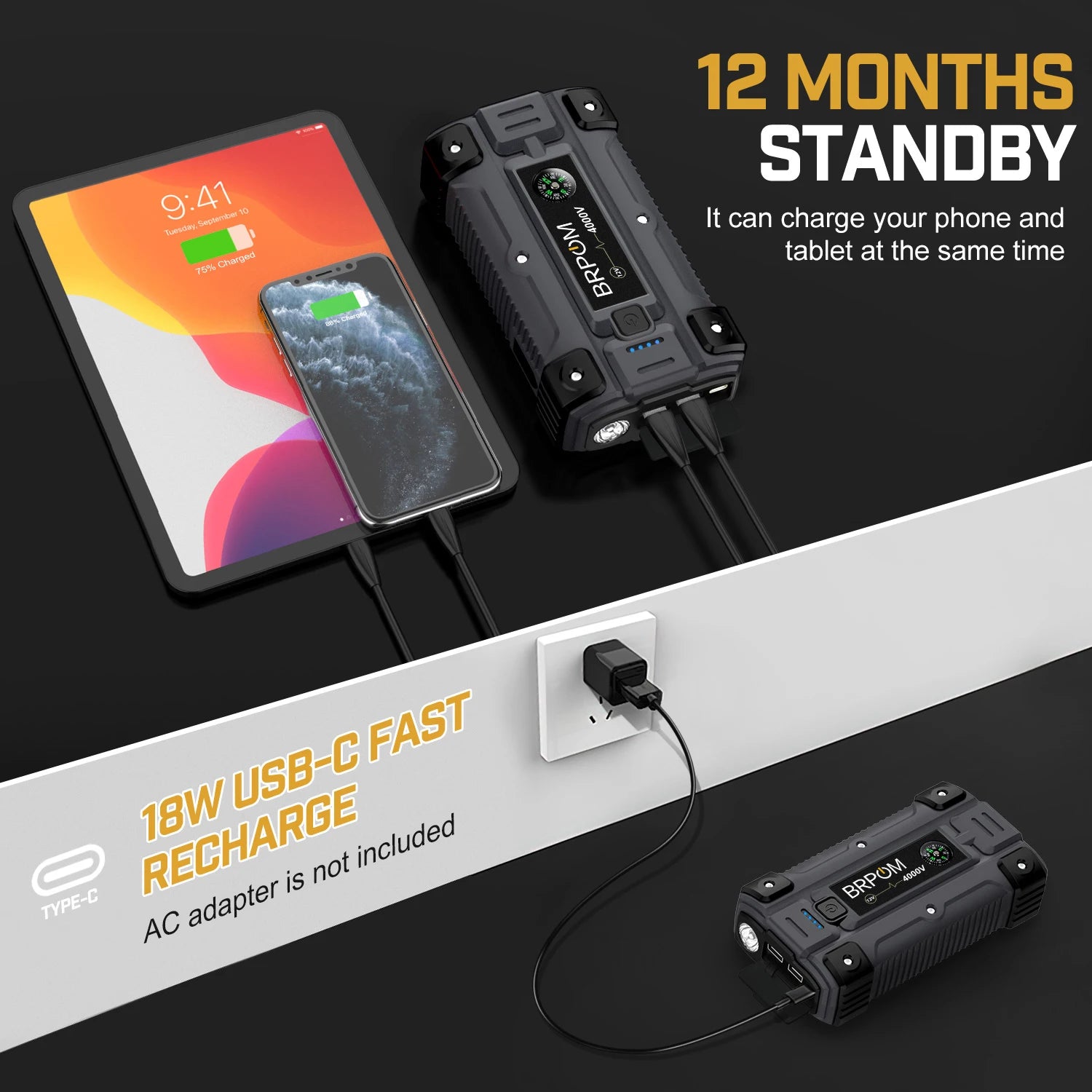 Power Bank 4000A/5000A 12V Car Battery Jump Starter Portable Charger Car Booster Starting Device Petrol Diesel Emergency Booster