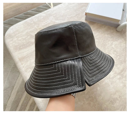 Novelty Female White Line Genuine Leather Big Brim Fisherman Caps Korean Fashion Lambskin Split Basin Sombreros