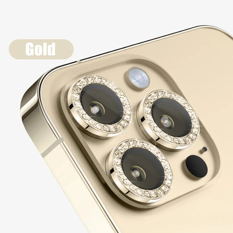 Glitter Diamond Rhinestones Metal Ring Camera Tempered Glass For iPhone 15 11 12 13 14 Pro Max Plus Lens Protector Full Cover