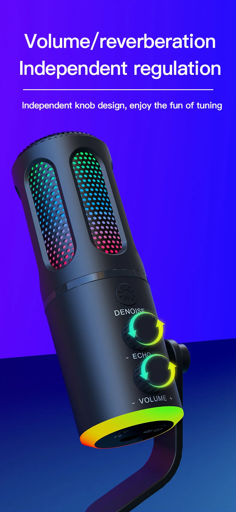USB condenser microphone with RGB light, DSPnoise reduction, independent monitoring, used for media recording and live streaming