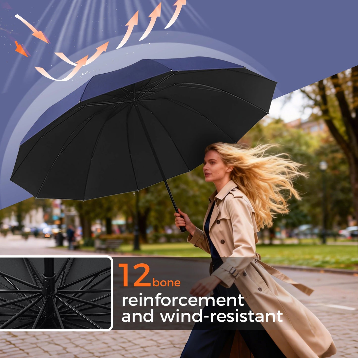 Large 12 Bone Windproof Folding Umbrella Waterproof Strong Frame Portable Travel Rain Umbrella
