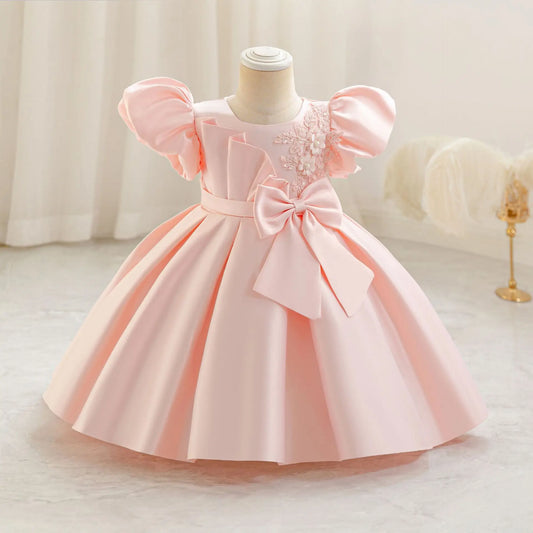 Baby Princess Party Dress with Bow and Bubble Sleeves
