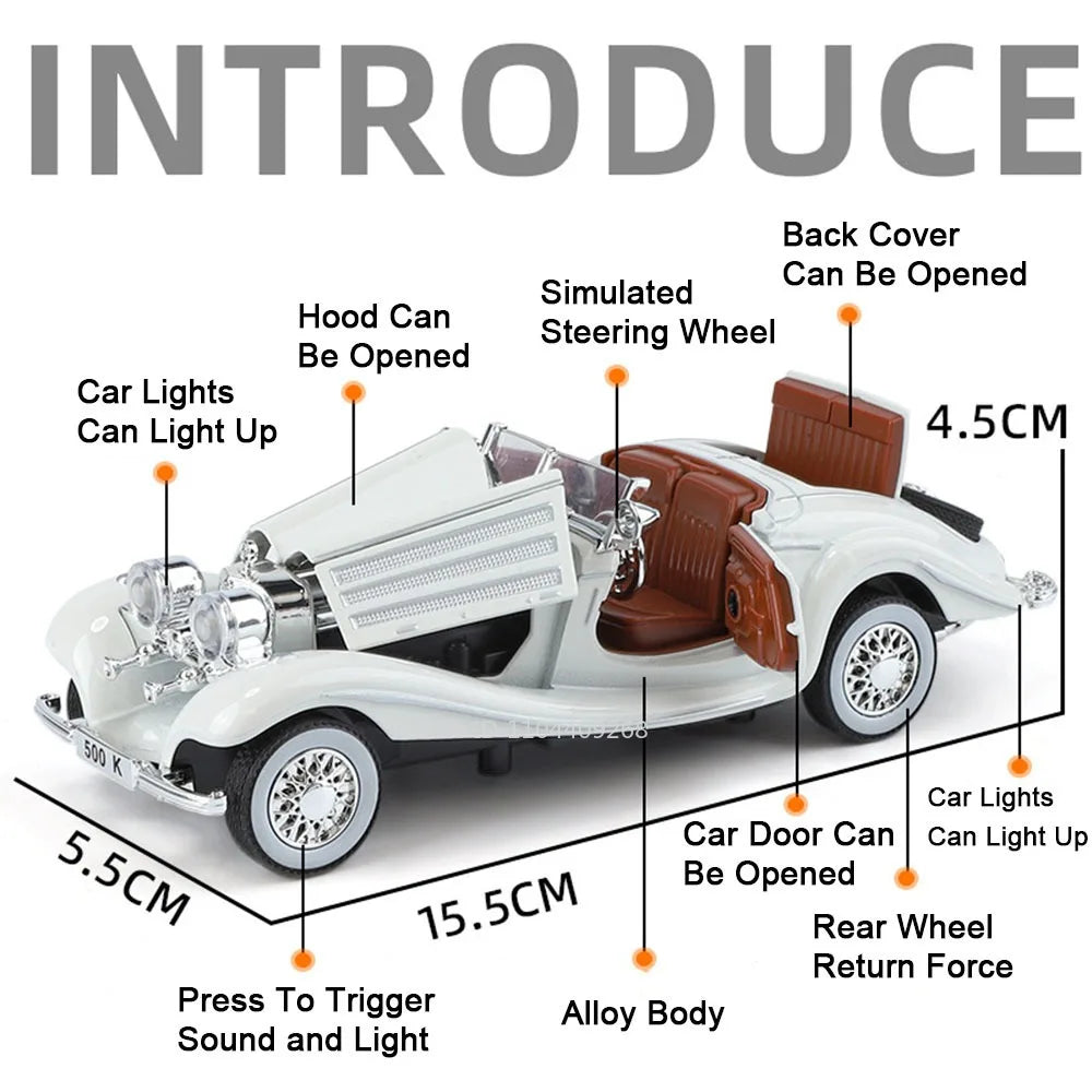 1:32 500K 300SL Vintage Car Model Toy Shock Absorption Alloy Diecast Vehicle Models Sound Light Pull Back Collection Gifts