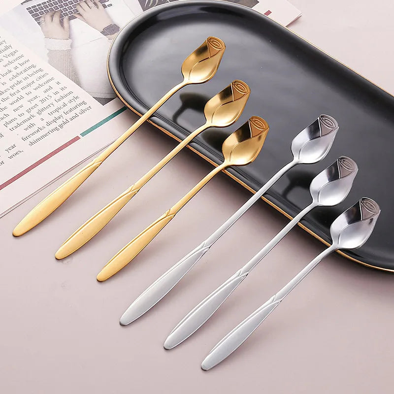 Stainless Steel Rose Coffee Spoon, Long Handle Mixing Spoon, Flower Design, Perfect for Tea, Dessert, Honey, Kitchen Accessories