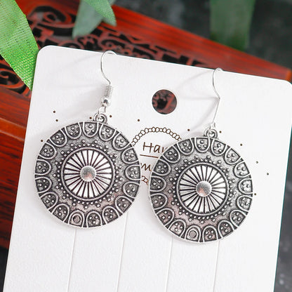 Statement Bohemian Vintage Ethnic Big Round Drop Earring Long Carved Flowers Drop Earrings For Women