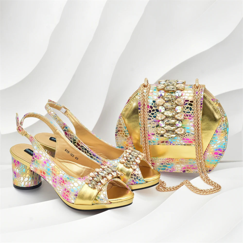 Rhinestone Design INS African Shoes and Bag Set in Silver Color Open Toe Comfortable Women Heels