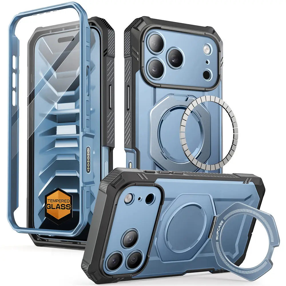 Rugged Magnetic Phone Case with Tempered Glass Screen Protector and Aluminium Kickstand for iPhone 17 Pro Max and iPhone 18 Pro Max