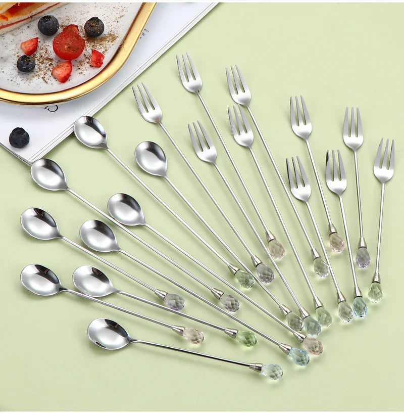 Stainless Steel Diamond Coffee Spoon and Fork Set Creative Crystal Long Handle, Perfect for Desserts, Ice Cream, Cake, and Fruit