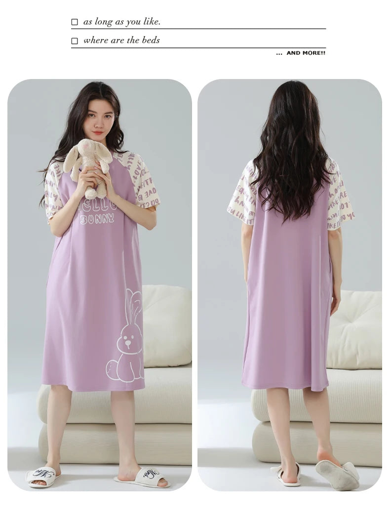 Women’s Cotton Nightgown – Korean Style Cute Print, Summer Short Sleeve Sleepwear Dress