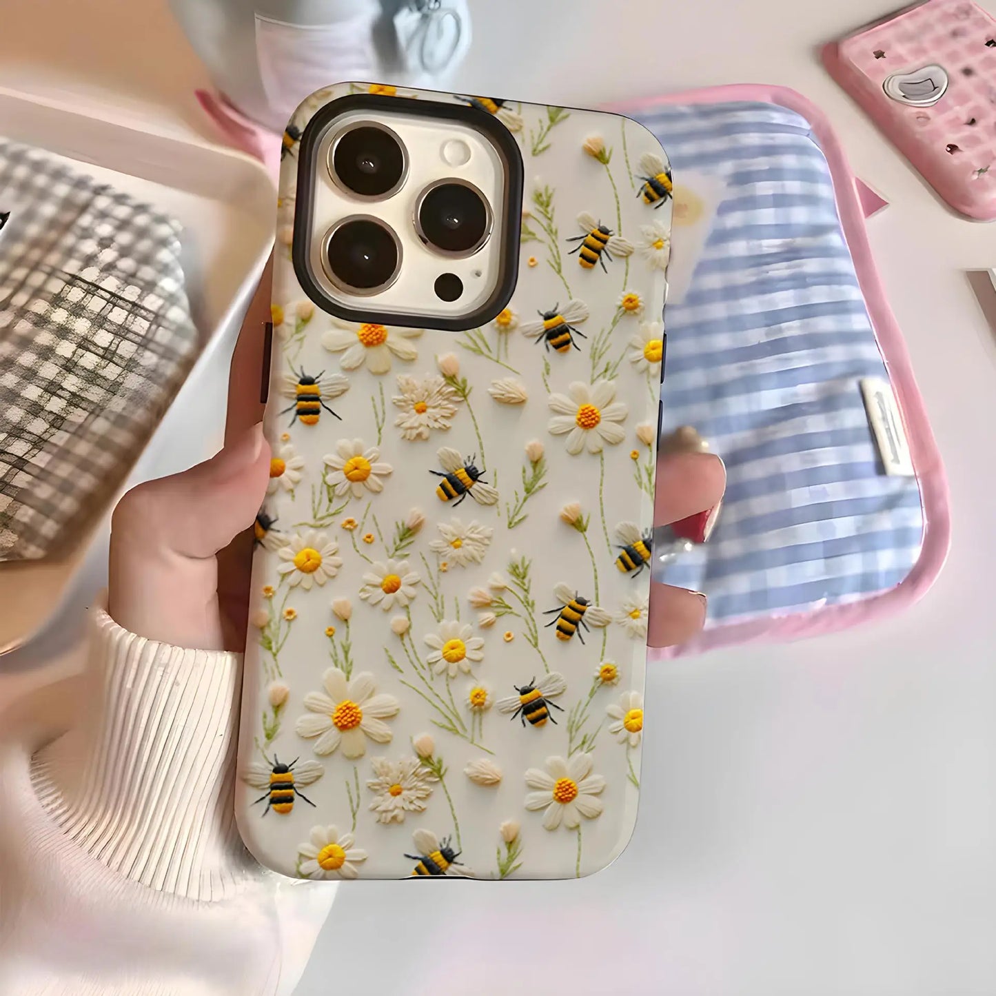Luxury Embroidery Effect Bee Daisy Flower Phone Case for iPhone 16 15 Pro Max Plus 2 in 1 Hard Protective Cover