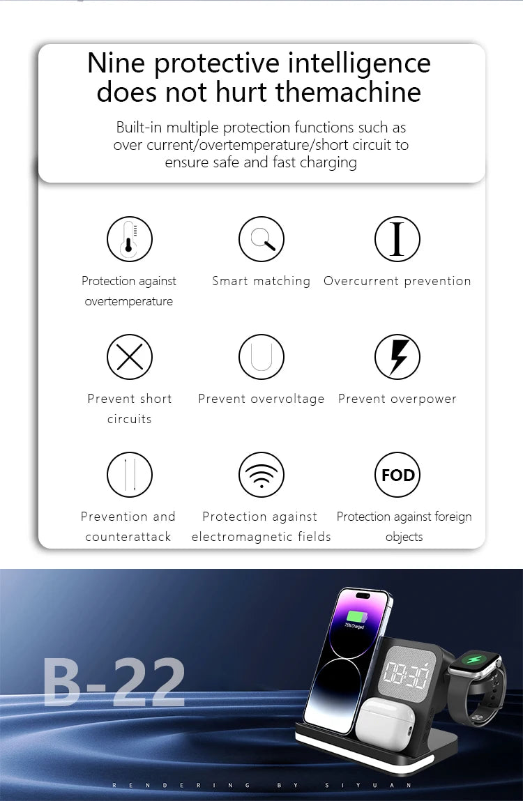 Four in one desktop clock wireless charger that can charge phones, headphones, and watches simultaneously