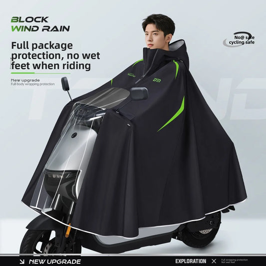 Full Body Waterproof Hooded Rain Poncho with Reflective Details for Motorcycle Riding