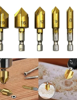 6PC Hexagonal Handle Titanium Plated Five Edge Chamfering Knife Countersunk Drill 6-19mm Woodworking Spot Facer Tool Set