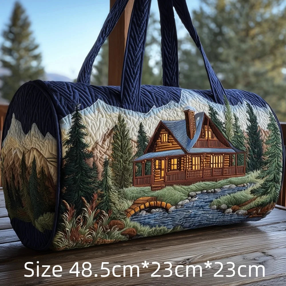 3D Print Quilted Duffle Bag Mountain Forest Lake Cabin Scenery Weekend Gym Overnight Bags Carryall Handbag Travel Camping Hiking