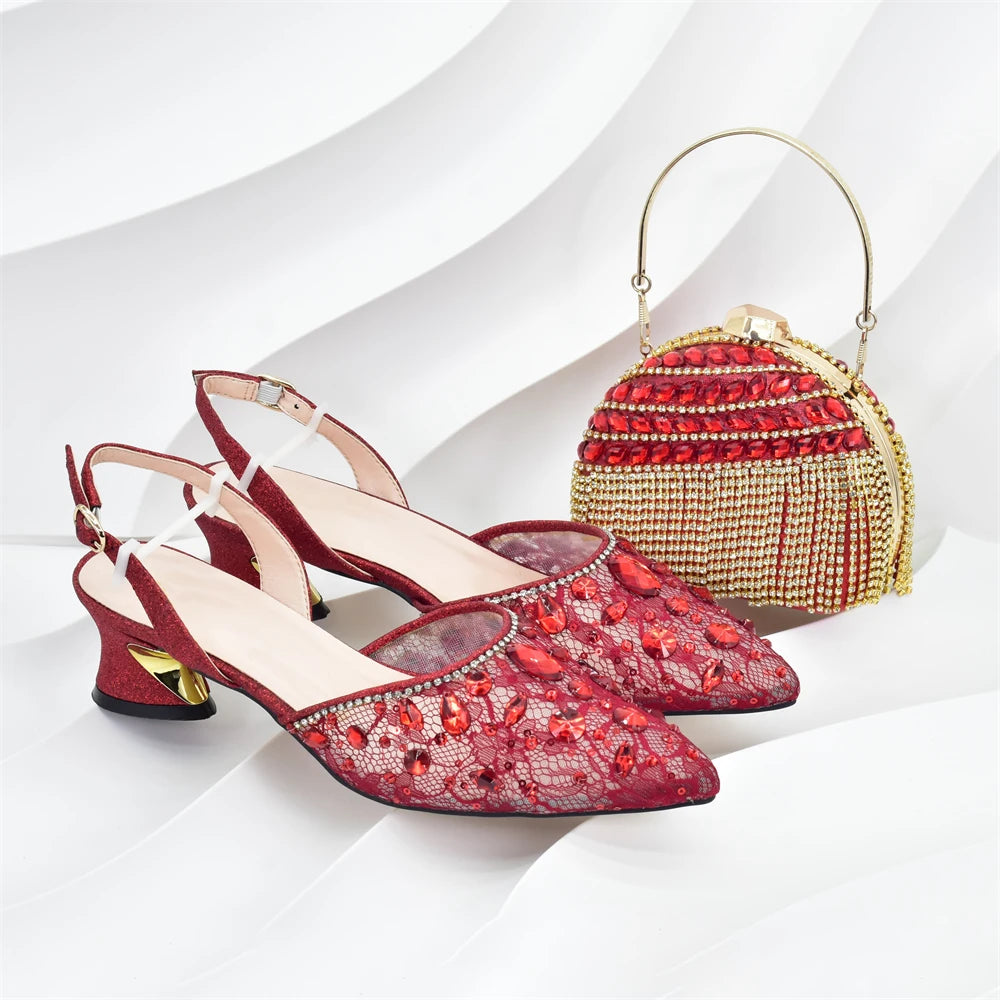 African Wedding Shoes and Bag Set with Rhinestone Italian Design Shoes with Matching Bags Nigerian Lady Party Pumps