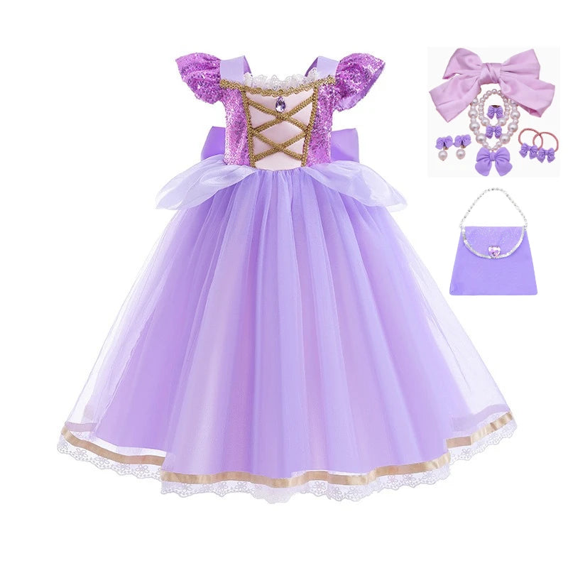 Purple Puff Sleeve Princess Ball Gown with Lace and Sequins