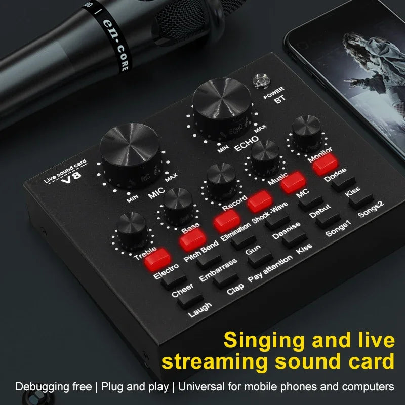 V8 USB Audio Mixer Sound Card For Live Streaming Podcast And Recording