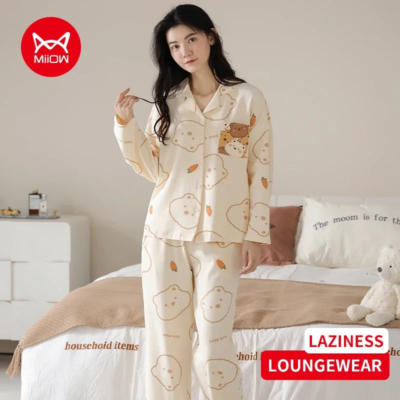 Women’s Winter 100% Cotton Pajama Set – Loose Fit, Turn-Down Collar, Long Sleeves, Cute Pink