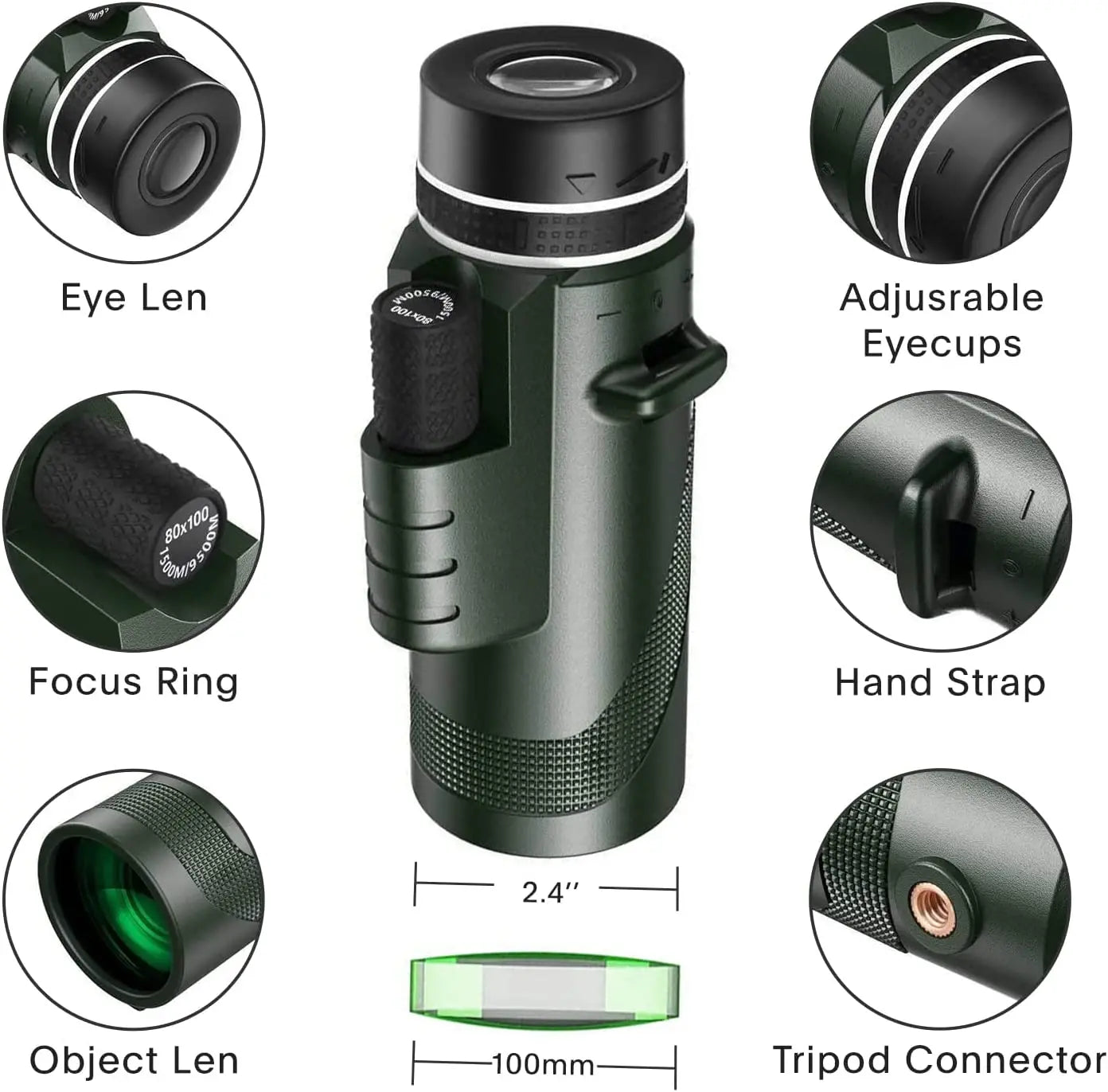 80X100 Hd Monocular Telescope Long Range Zoom Bak4 Prism Telescope with Tripod Phone Clip Hunting Camping Bird Watching Hiking