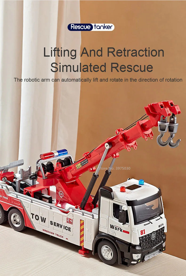 1/50 Scale Double Hook Rescue Crane Truck Alloy Model Toys Metal Diecast Engineering Vehicle Sound Light Gifts for Boys Birthday