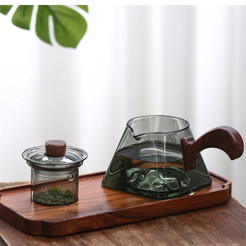 450ml Square Bottom Mountain Glass Teapot With Infuser Side Wooden Handle Tea Pot Puer Oolong Tea Maker Kungfu Tea Set