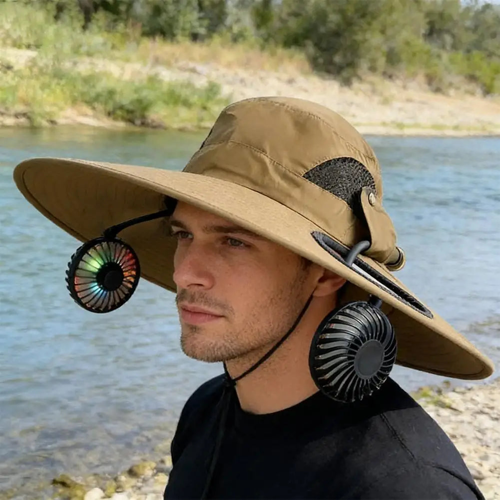 Wide Brim Solar Fan Hat With Dual Fans And USB Charging