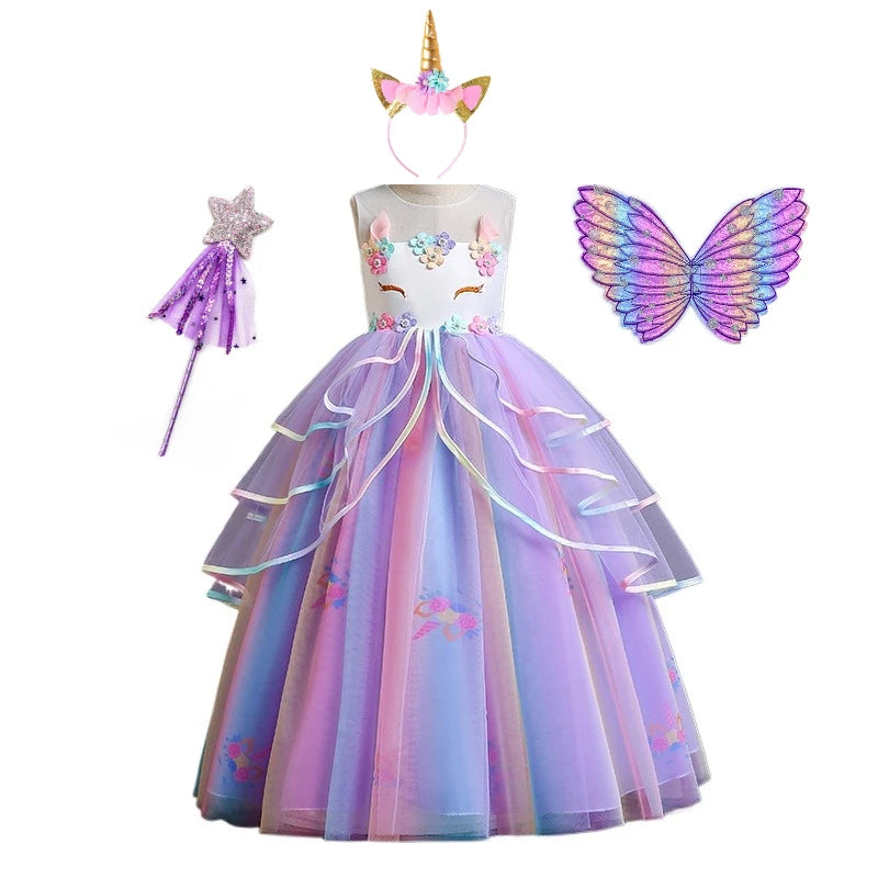Unicorn Flower Applique Princess Ball Gown Dress