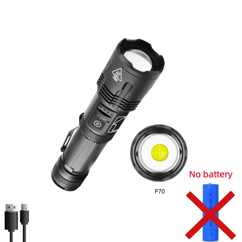 High Power Tactical Flashlight Rechargeable Zoom LED Torch with 5 Charging Modes Pen Clip