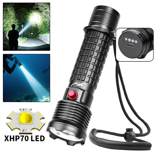Rechargeable Diving Flashlight IPX8 Waterproof Underwater LED Torch Strong Light Dive Lamp