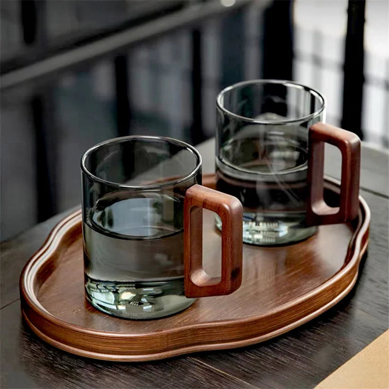 400ml Heat-resistant Glass Cups with Walnut Handle Household Flower Tea Mug Tea Making Cup Milk Water Cup