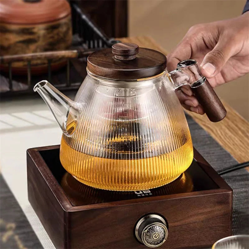 Stripe High Borosilicate Glass Teapot  With Walnut Handle Cooking and Steaming Dual Purpose Glass Tea Pot Tea Kettle Teaware