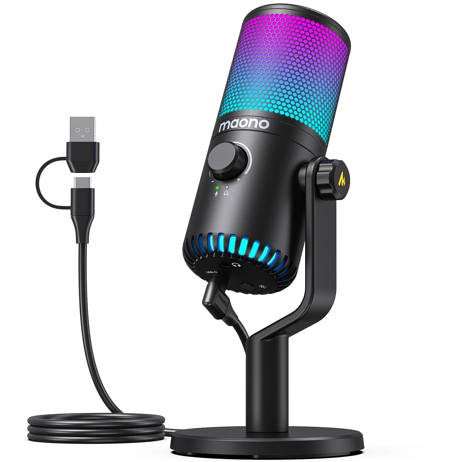 DM30 RGB USB Microphone RGB Gaming Microphone Computer Mic USB Gaming Mic with Mic Gain and RGB Lighting for PC, Phone