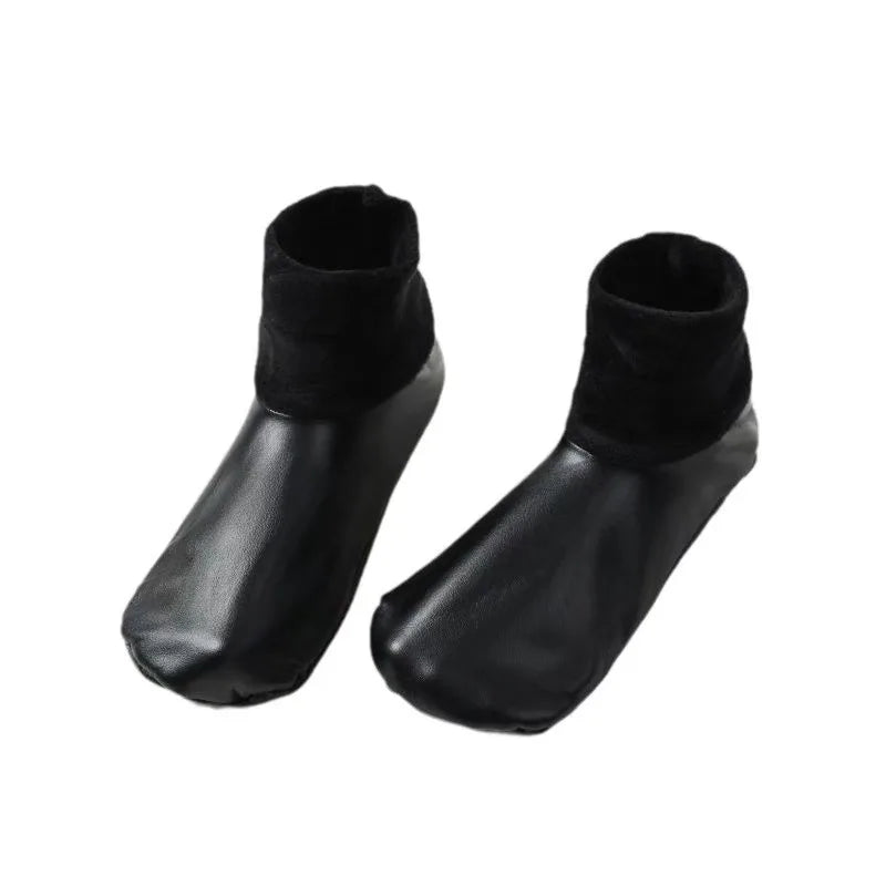 Socks Winter Warm PU Faux Leather Slipper Socks Fleece Lined Thermal Indoor Outdoor Home Non Slip Middle Tube Socks