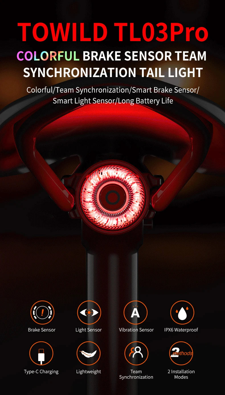 Team Sync Tail Light 50m Auto Brake Sensing Bicycle Rear Light LED Rechargeable IPX6 Waterproof Cycling Taillight