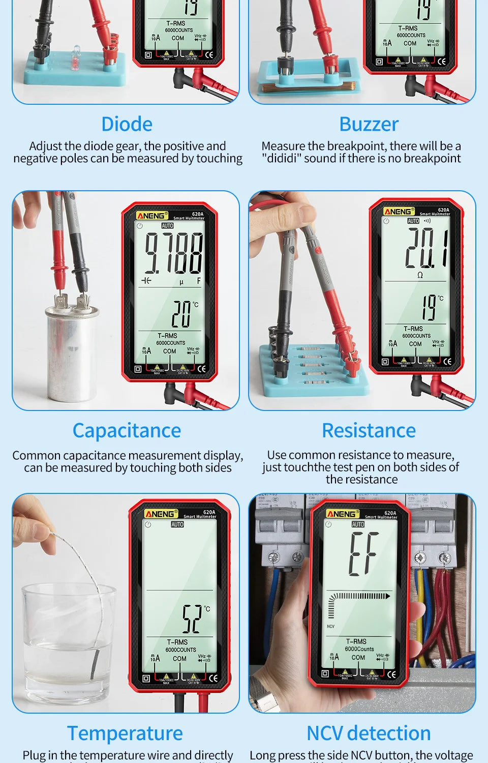 6000 Counts Digital Smart Multimeter Transistor Testers True RMS Auto Electrical Capacitance Meter Temp Resistance