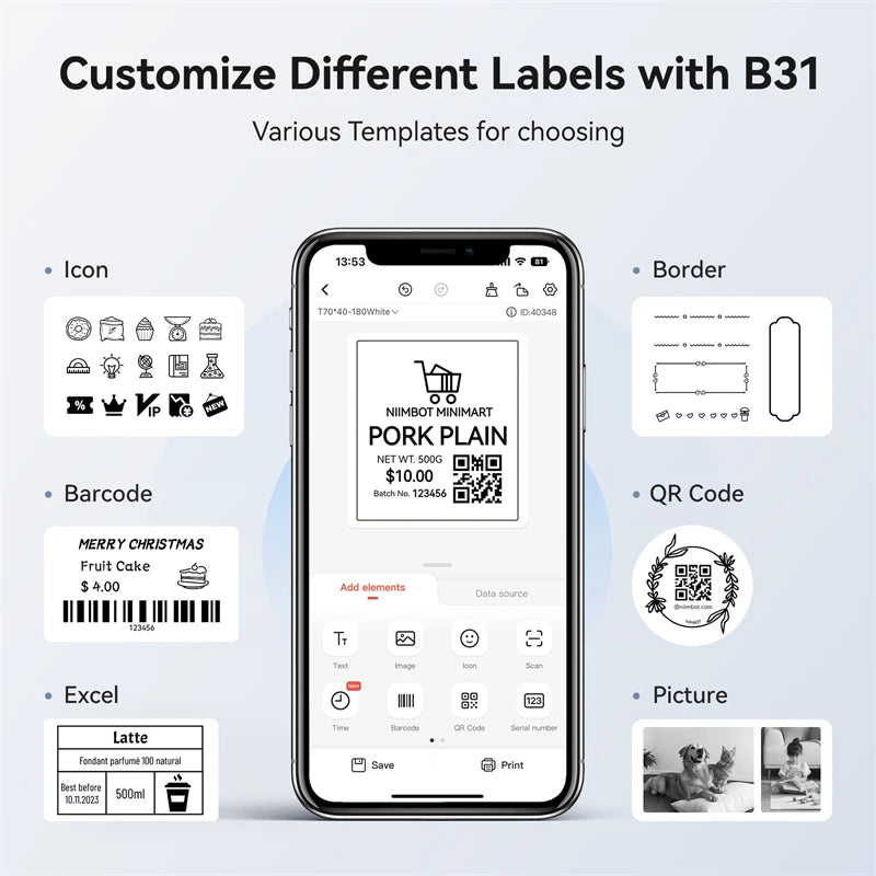 B31 Thermal Label Printer, Bluetooth Wireless Barcode Sticker Maker 20–77mm, Portable Inkless Label Printer for Business