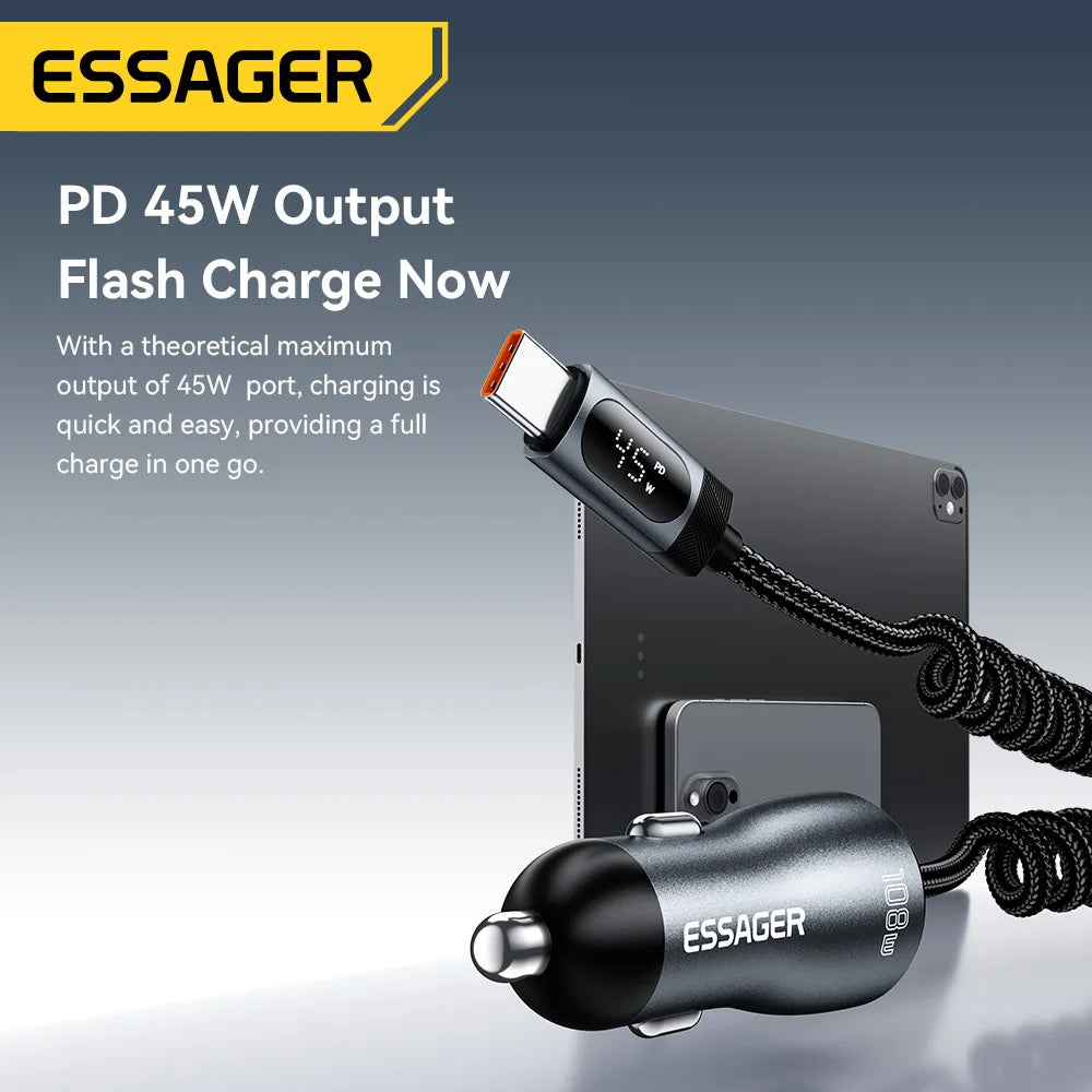 108W Car Charger PD Fast Charging 2 USB C + USB A with Digital Display Spring Cable