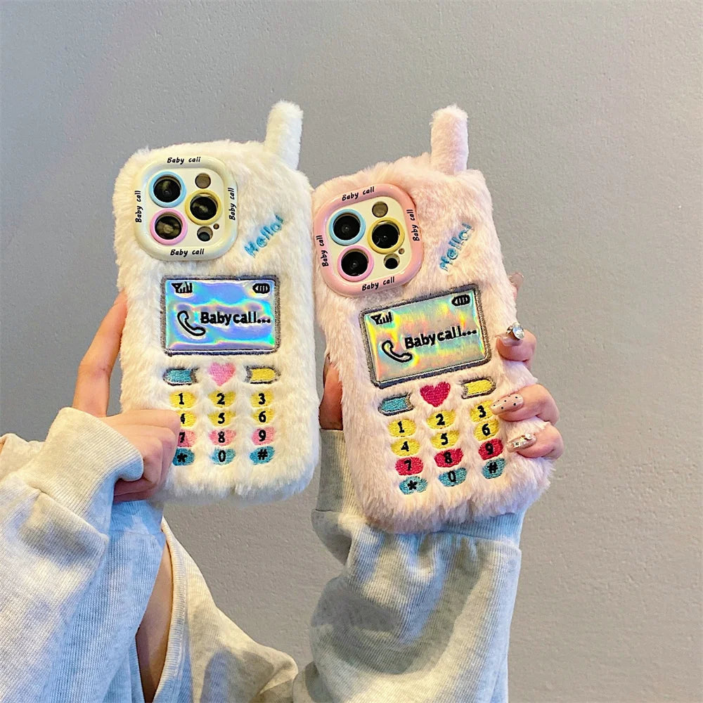 INS Y2K Furry Retro Call Heart Phone Case For iPhone 16 15 14 Pro Max  13 Plus Girl Camera Bracket Winter Silicone Cover