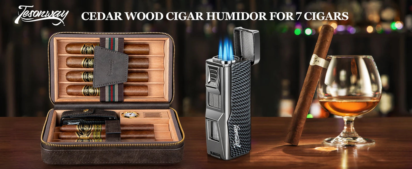 Travel Humidor Cigar Case&Cigar Lighter,Leather Cigar Case with Cedar Wood Tray,Hygrometer,Humidifier,Cigar Accessories for Men