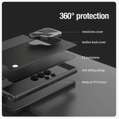 Luxury CamShield Prop Leather Magnetic Case For Samsung Galaxy S24 Ultra Case Camera Flip Bracket Shockproof Back Cover