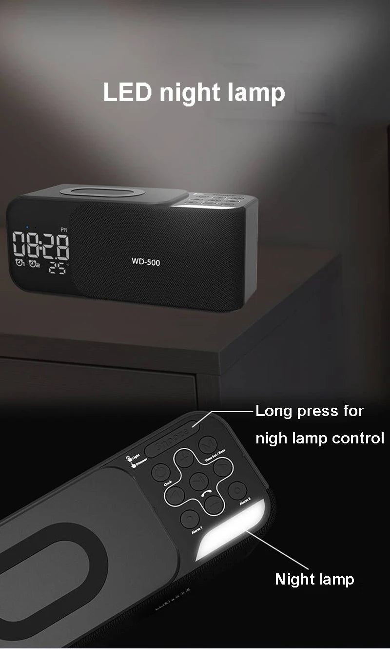 15W wireless charging Dual alarm clock home Bluetooth speaker with night light Bluetooth subwoofer temperature display FM/TF/AUX