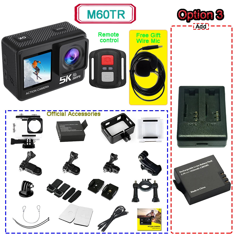 5K 4K60FPS Action Camera 50MP Dual Screen Touch Display WiFi EIS Waterproof Sports Camera with Wireless Microphone Support