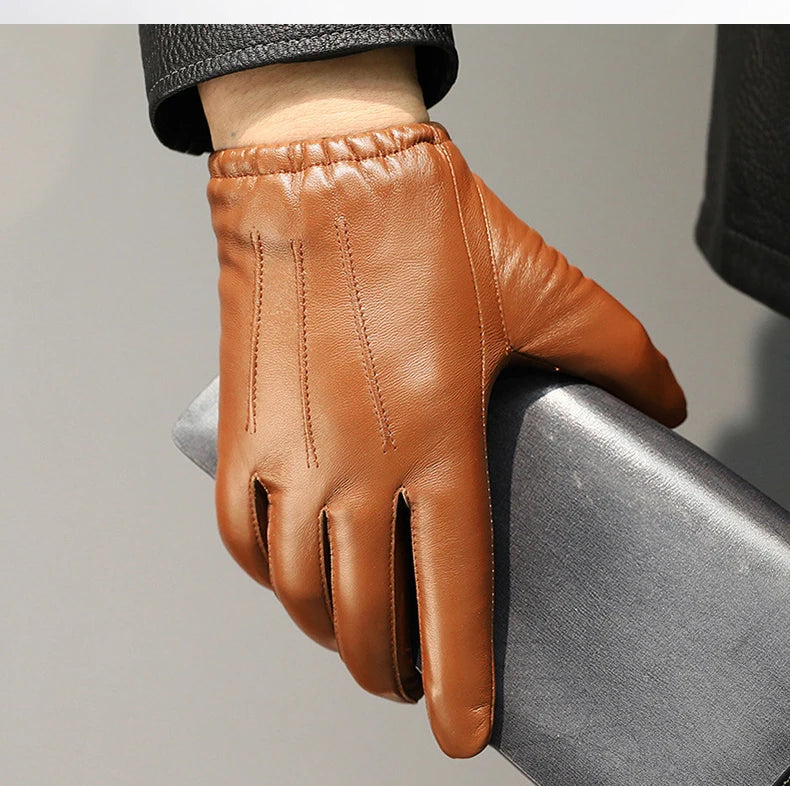 Men Business Sheepskin Leather Gloves Winter Full Finger Touch Screen Brown Gloves Riding Motorcycle Gloves